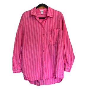 a new day Women's Oversized Pink Vertical Striped Button Down Shirt. Size Large